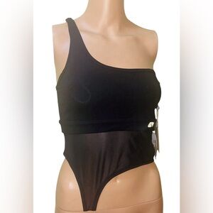 D K N Y SPORT ONE SHOULDER BODYSUIT WOMEN’S COTTON/MESH BLACK COLOR SIZE SMALL